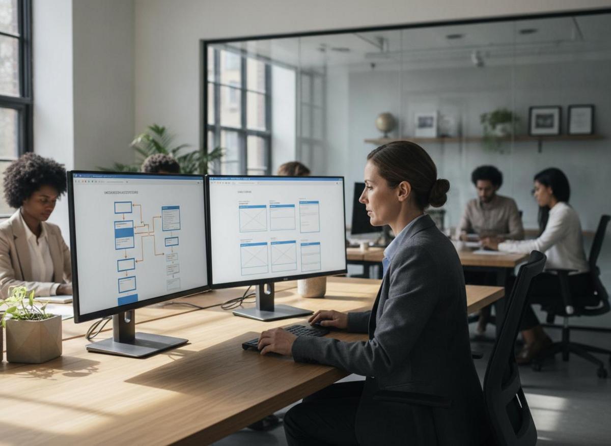 IT professional reviewing site architecture diagrams — key to a solid international B2B SEO strategy