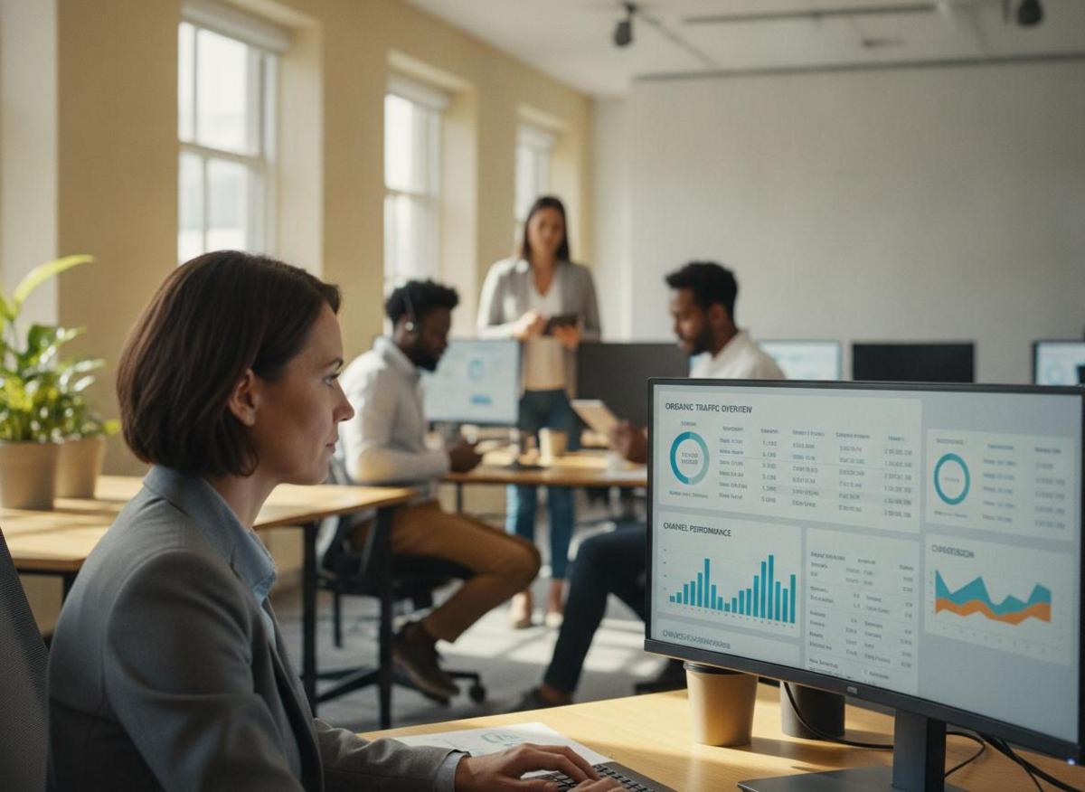 Marketing analyst reviewing organic traffic dashboards to evaluate international B2B SEO strategy performance