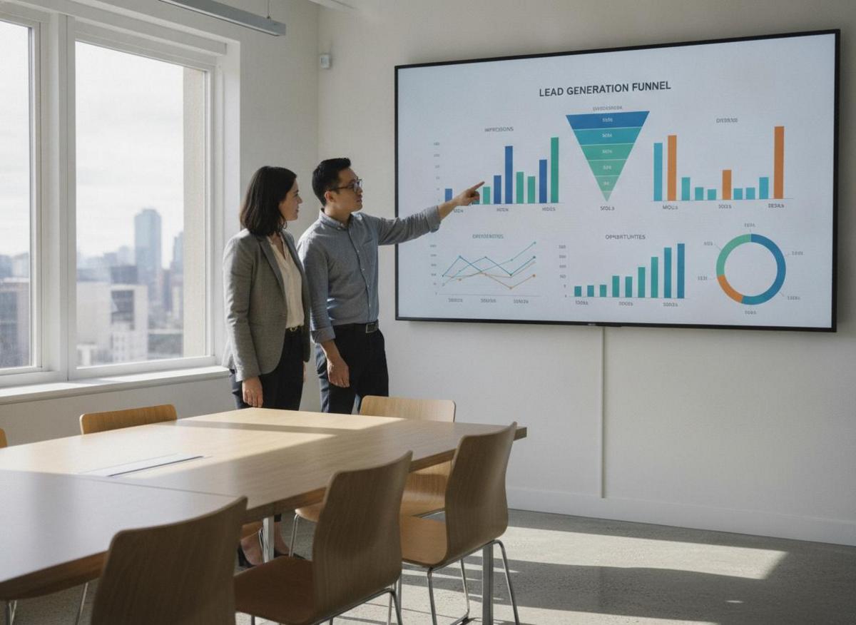 Two colleagues analyzing B2B lead funnel data on screen, optimizing make.com workflow automation for b2b results