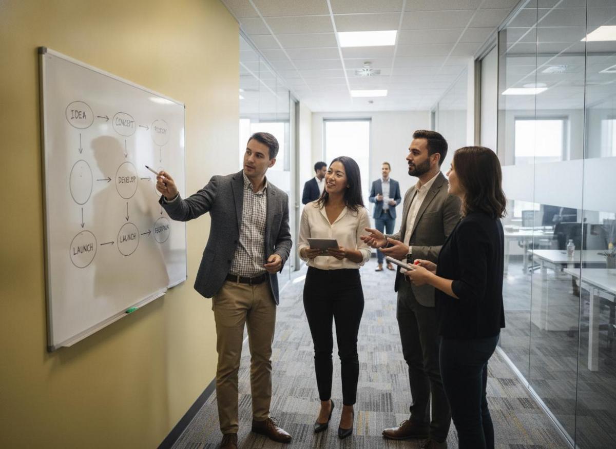 Small B2B team mapping make.com workflow automation handoff process on whiteboard during standing office meeting