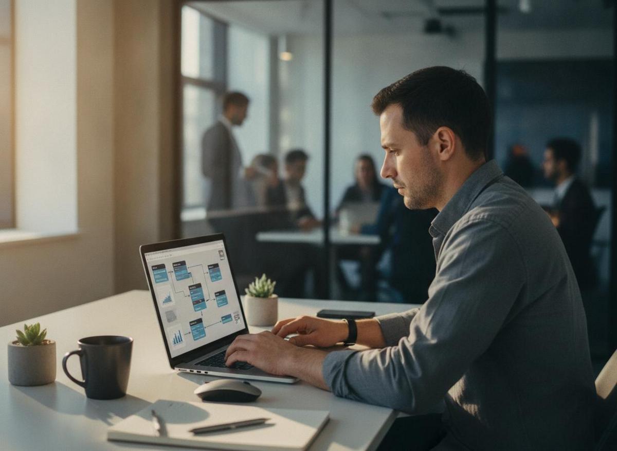 Developer configuring multi-step automation workflow on laptop to automate B2B lead generation, bright natural light