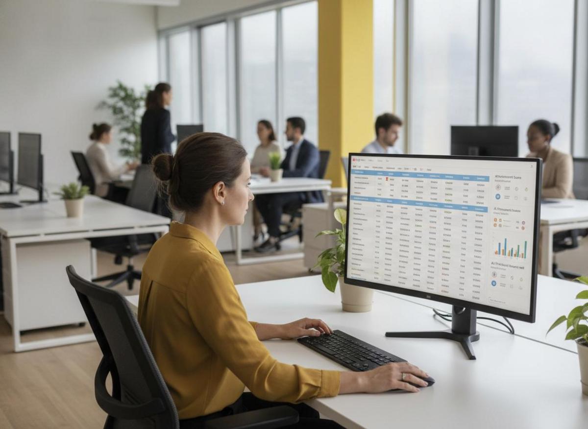 Sales pro reviewing enriched contact list to automate B2B lead generation on monitor in modern office