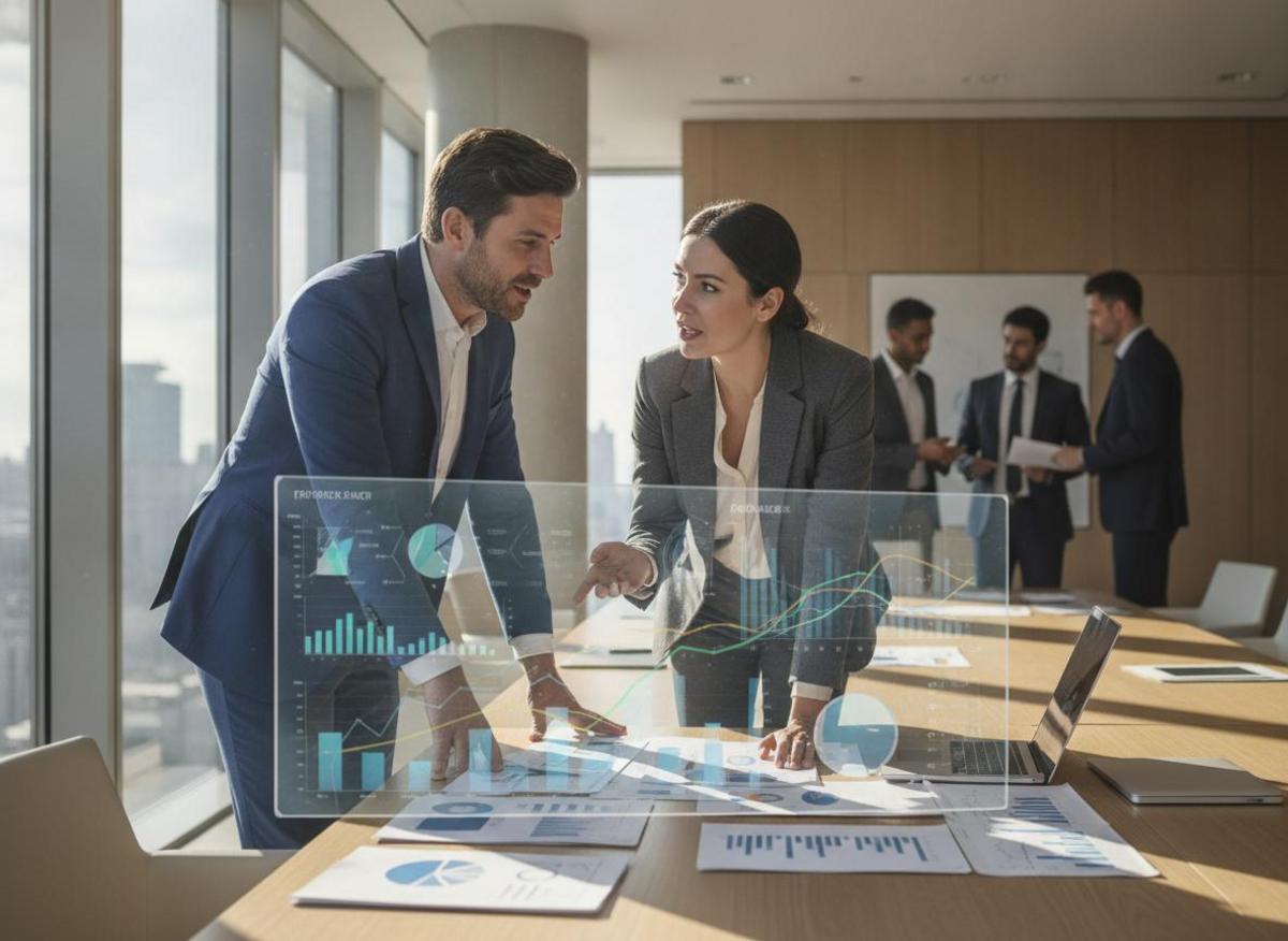 Two professionals analyzing data charts — a core practice in what is b2b digital marketing strategy sessions