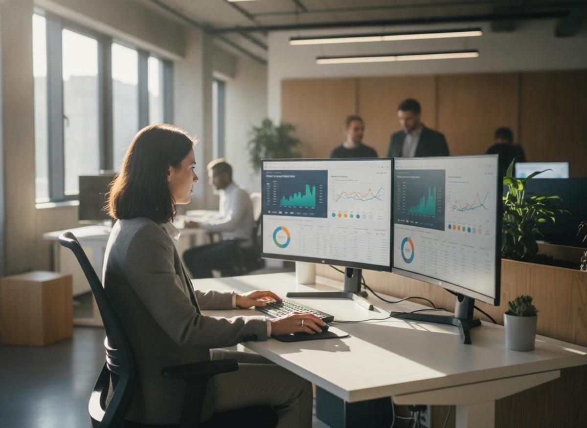 B2B digital marketer analyzing campaign dashboards on dual monitors — illustrating what is b2b digital marketing in practice