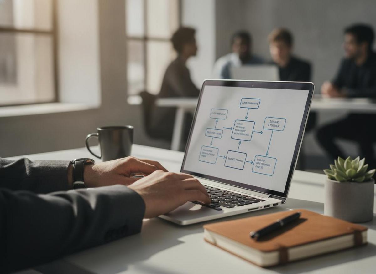 Hands typing on laptop displaying workflow diagram illustrating what is B2B digital marketing automation for lead nurturing
