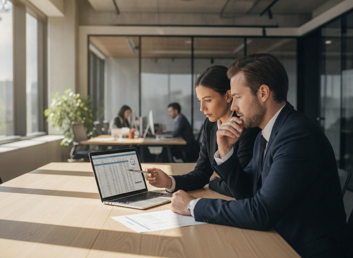 Two professionals comparing seo agency vs in house team budget spreadsheets on laptop in sunlit modern office