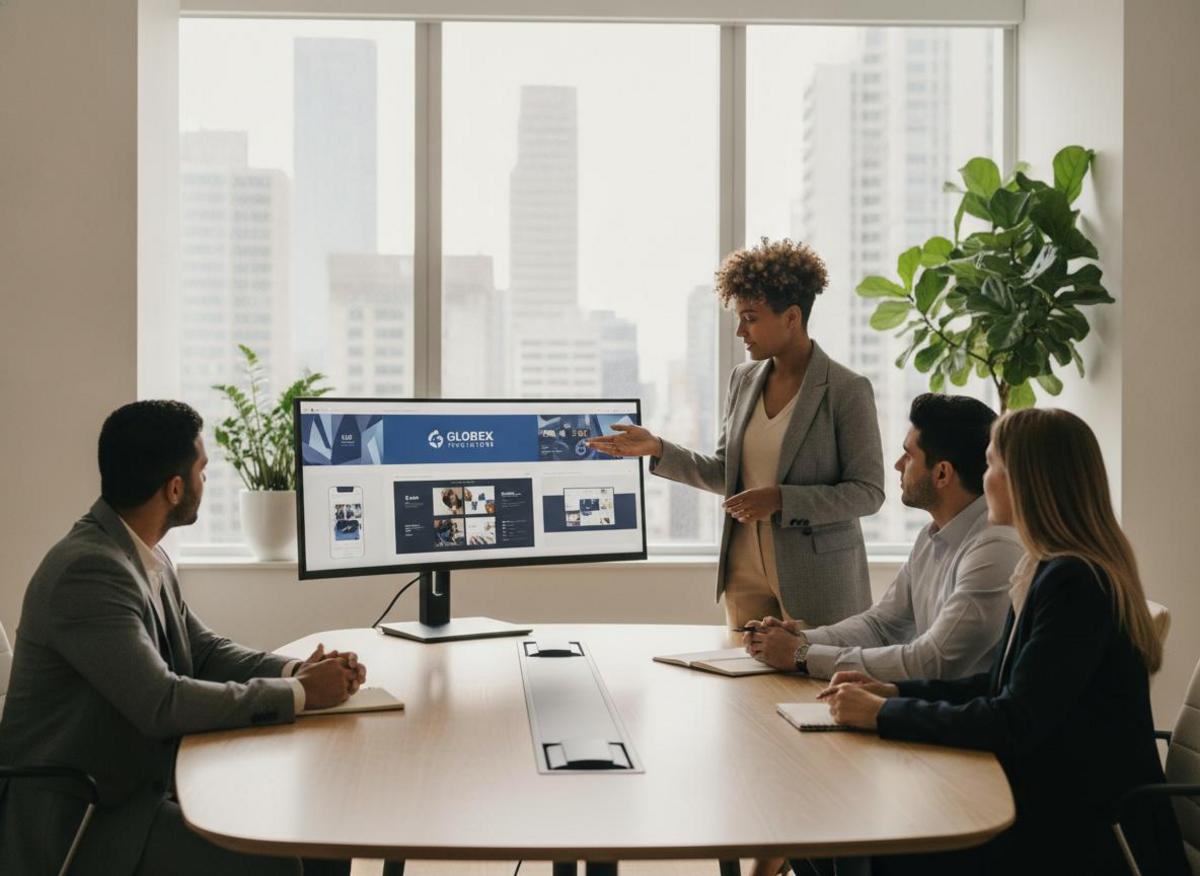 Designer presents custom website design vs template brand mockups to team on large office monitor