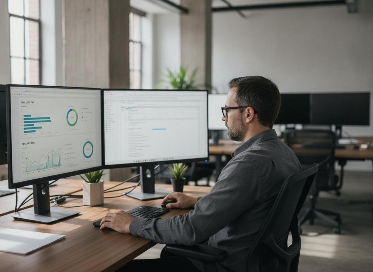 Developer reviewing custom website design vs template performance metrics on dual monitors in modern office