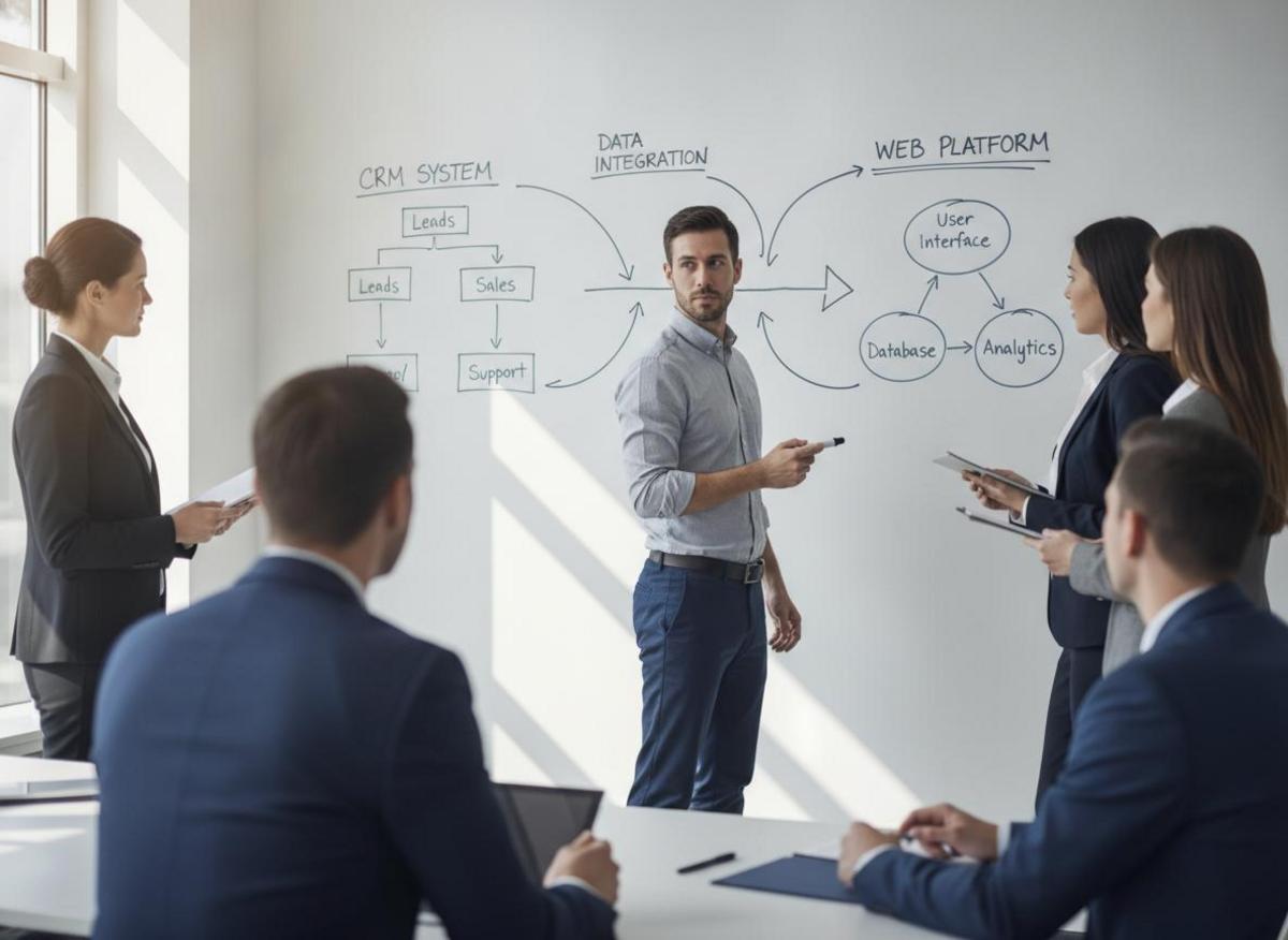 Team member connecting CRM and web platform diagrams, illustrating custom website design vs template scalability planning