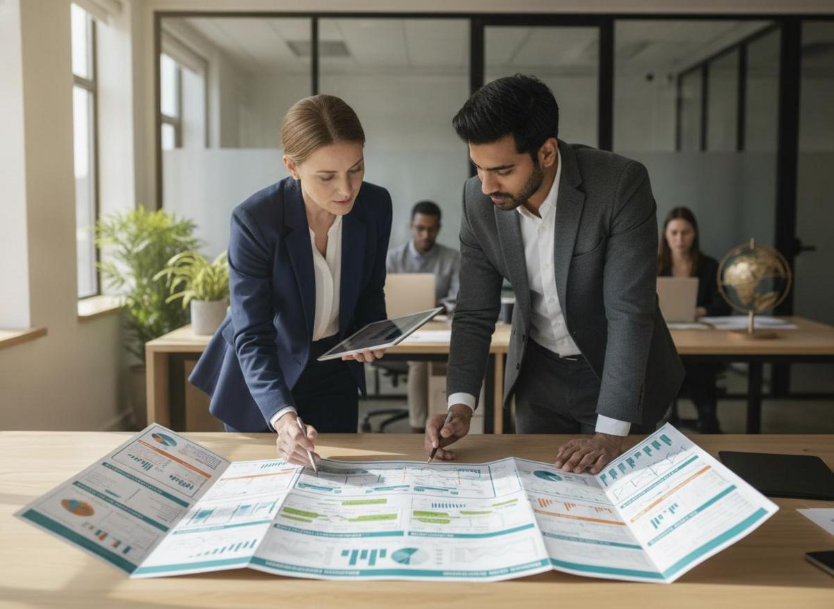 Two professionals reviewing a marketing roadmap—a key first step in how to start digital marketing for beginners