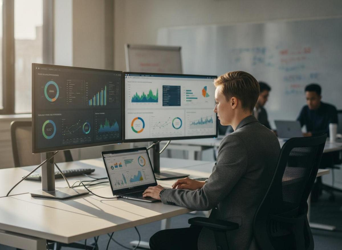 Beginner learning how to start digital marketing by comparing analytics dashboards on dual monitors