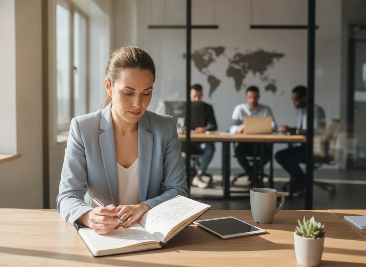 Small business owner reviewing handwritten goals at desk — building a digital marketing strategy for small business