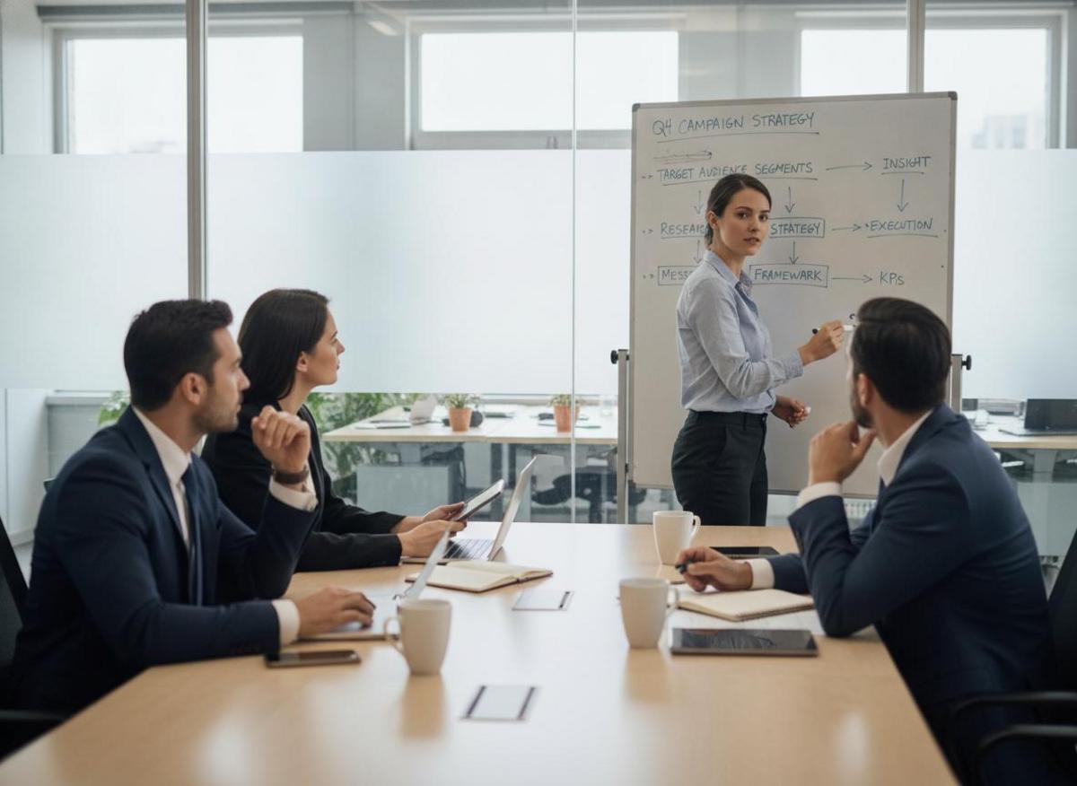 Marketing professional mapping a digital marketing strategy for small business on a conference room whiteboard