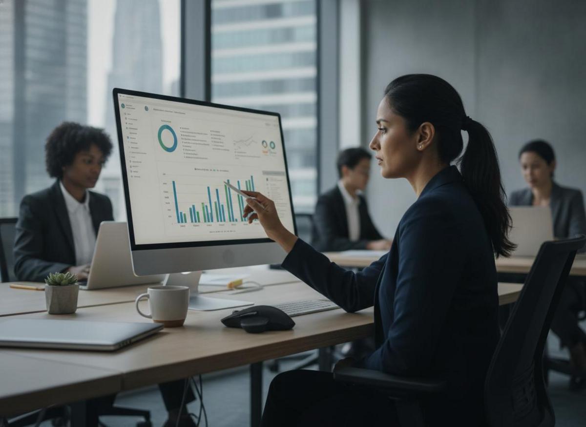Business analyst reviewing KPI report to refine digital marketing strategy for small business at minimal desk