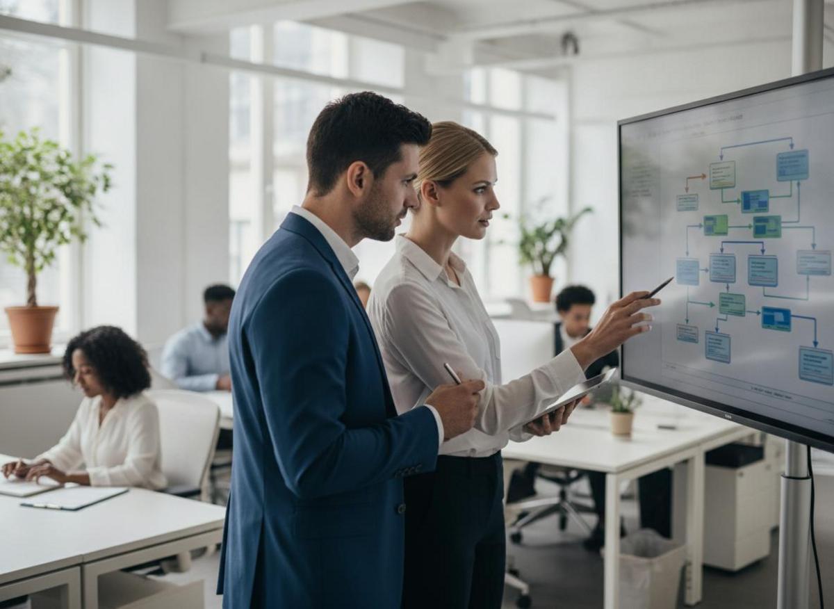 Two professionals comparing workflow diagrams on monitor — make.com vs zapier for marketing architecture review