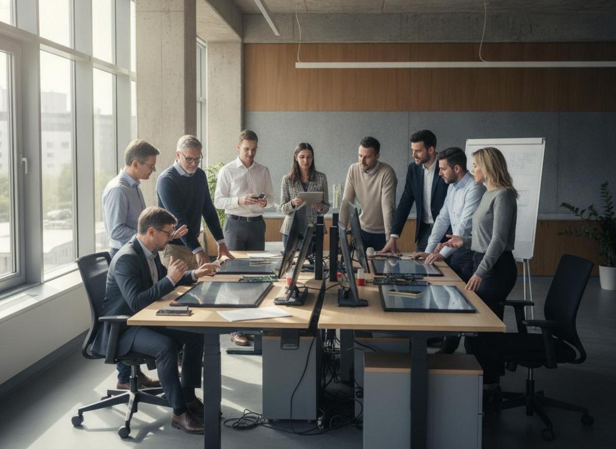 Mixed-skill marketing team at standing desks collaborating on make.com vs zapier for marketing automation decisions