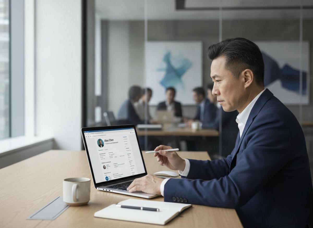 Professional reviewing LinkedIn profile on laptop to refine linkedin b2b lead generation strategy at bright office desk