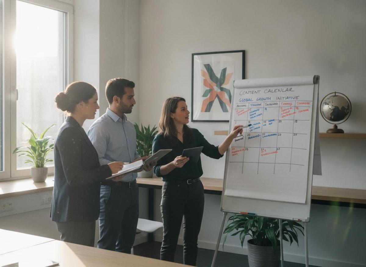 Small B2B marketing team planning linkedin b2b lead generation strategy on whiteboard in Munich office