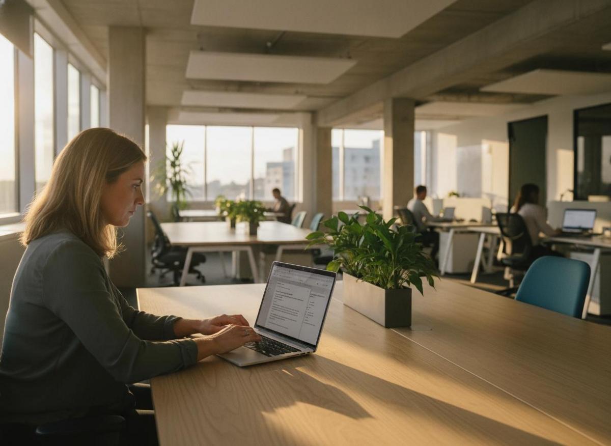 Account executive crafting personalised LinkedIn B2B lead generation strategy outreach on laptop in sunlit office