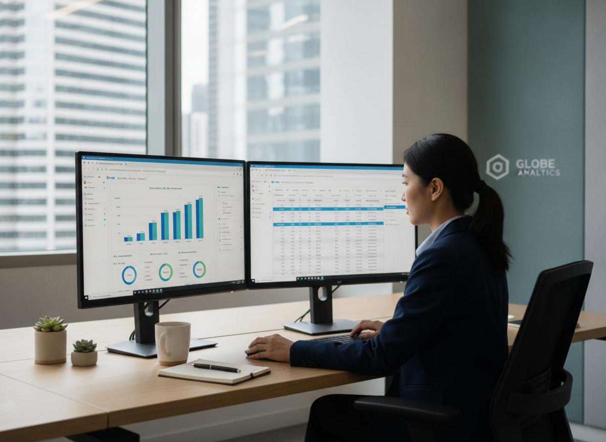 Marketing analyst reviewing LinkedIn B2B lead generation strategy metrics on dual monitors at organised desk