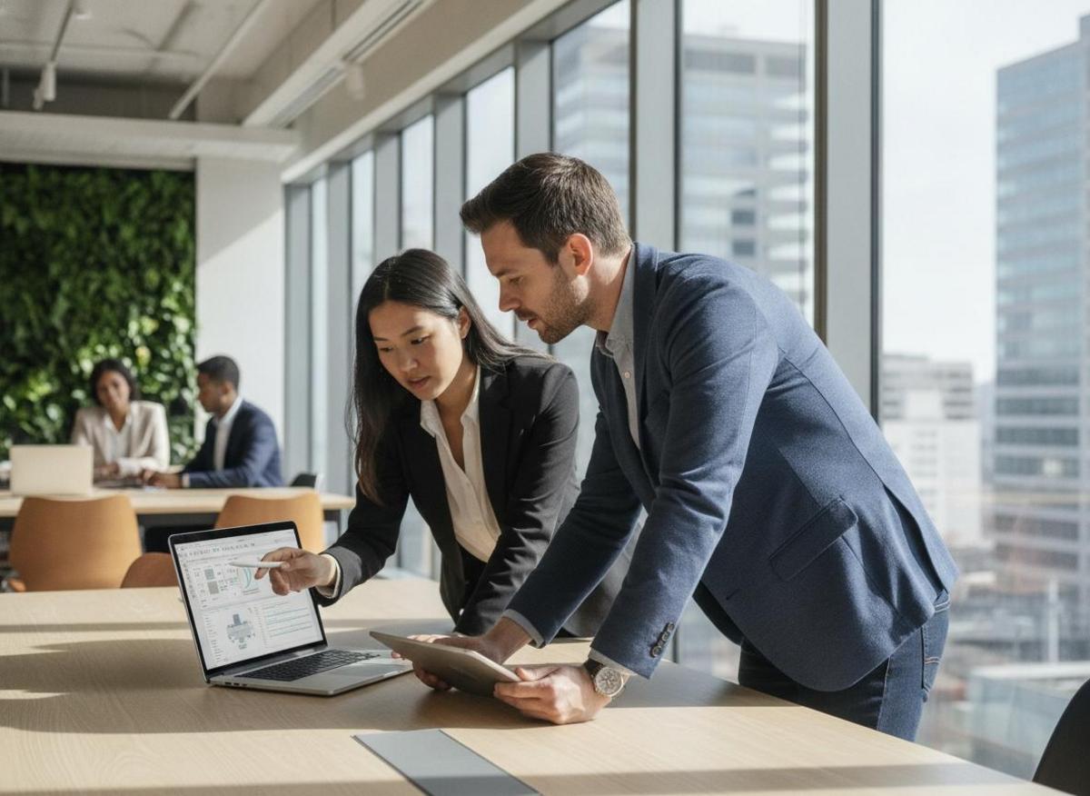 Two colleagues reviewing technical specs on laptop — key step in how to choose a web development agency