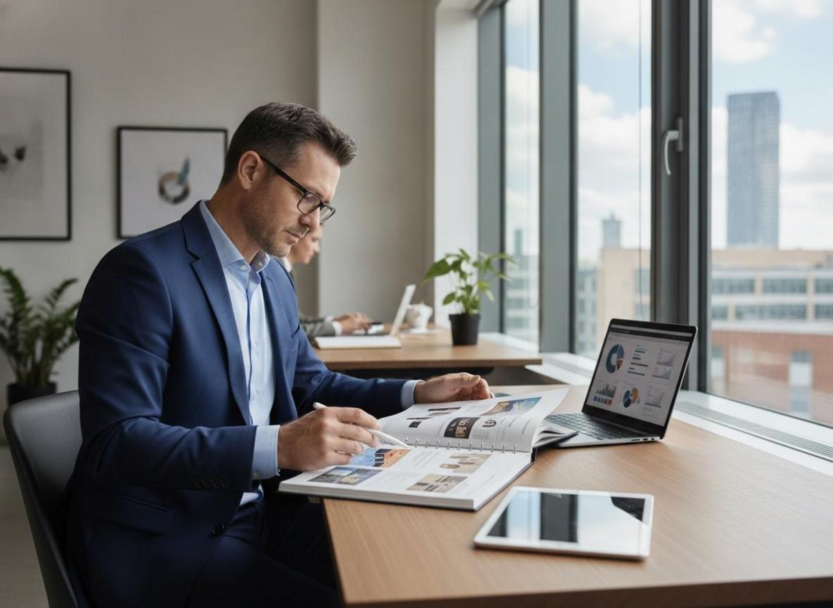 Professional reviewing agency portfolio documents at desk — key step in how to choose a web development agency