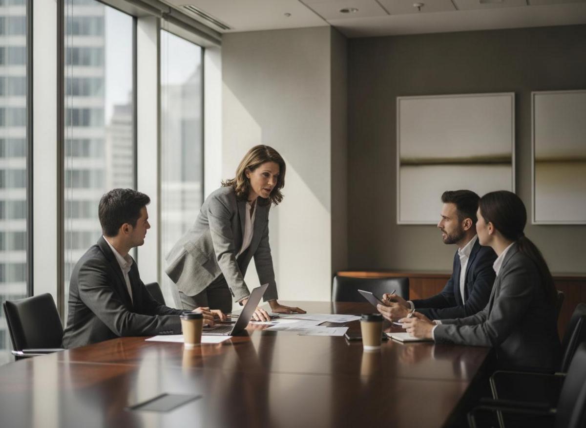 Marketing director conducting marketing agency comparison B2B interview with agency team in boardroom discussion