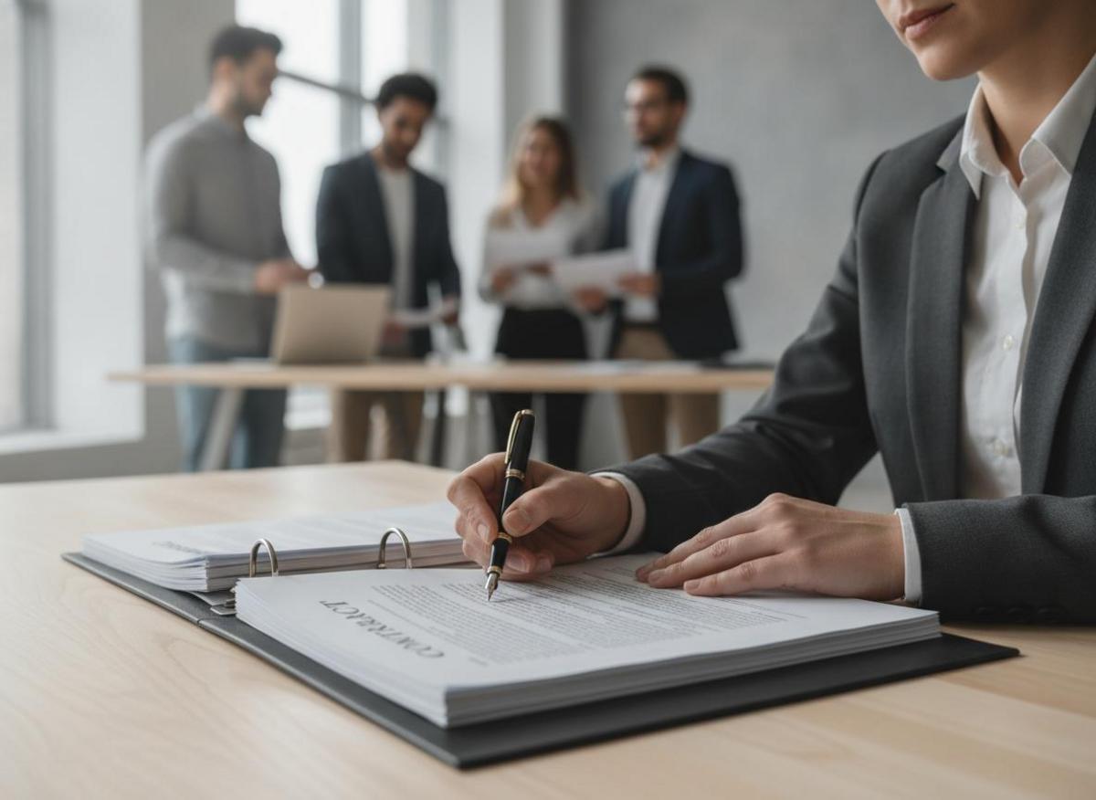 Professional reviewing contract terms for marketing agency comparison b2b, pen in hand at clean desk
