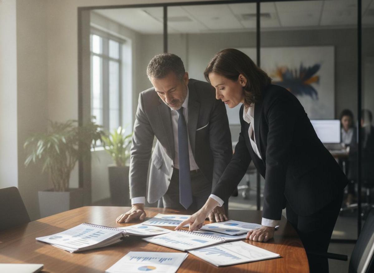 Two professionals reviewing strategy documents—key questions to ask marketing agency during a consultation meeting