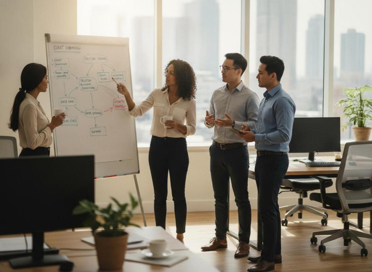 Small marketing team at whiteboard discussing questions to ask marketing agency during a standing workflow meeting