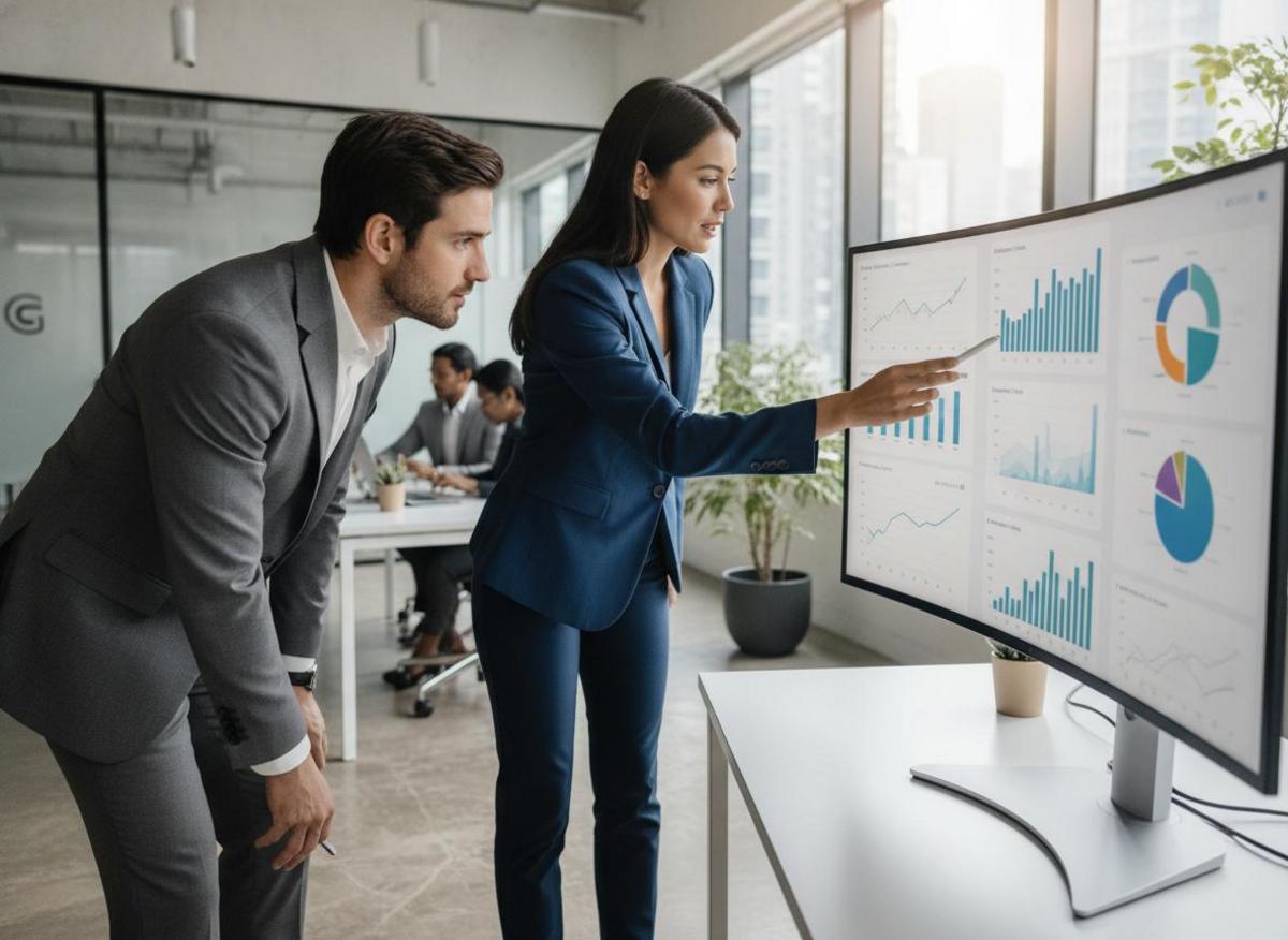 Marketing analyst presenting dashboard to colleague — key questions to ask marketing agency about reporting