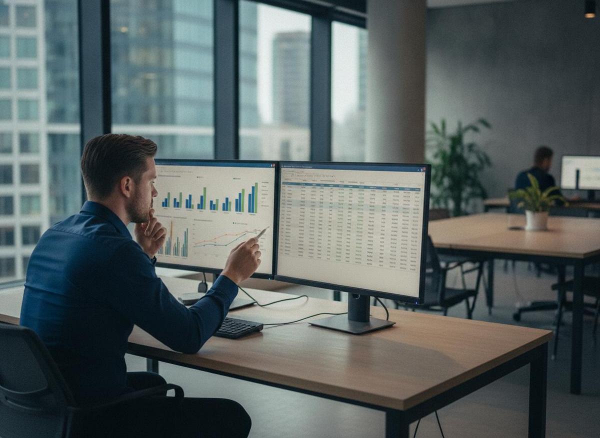 Marketing analyst reviewing ad performance metrics on dual monitors to reduce Google Ads cost per click