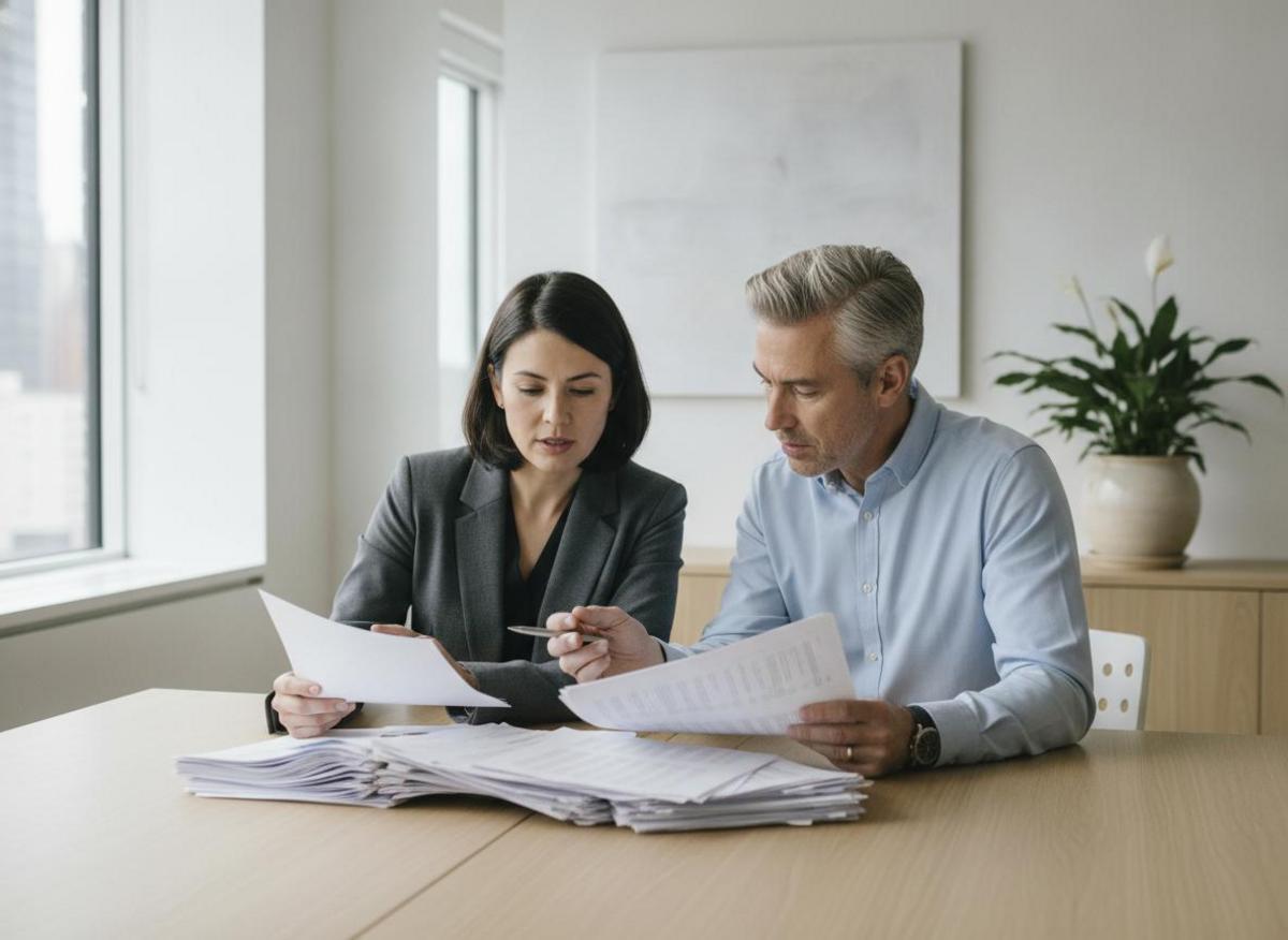 Two colleagues reviewing printed keyword lists to identify how to reduce Google Ads cost per click at a clean meeting table