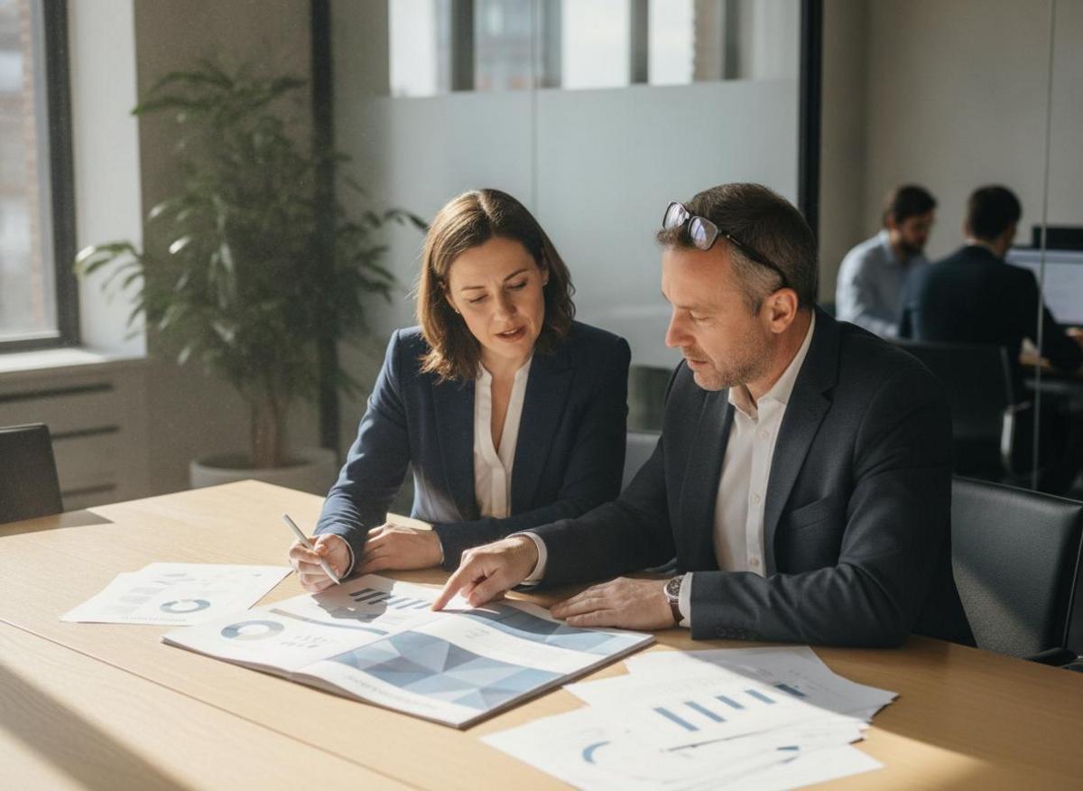 Two professionals reviewing a website project brief — web design agency for small business scoping and pricing meeting
