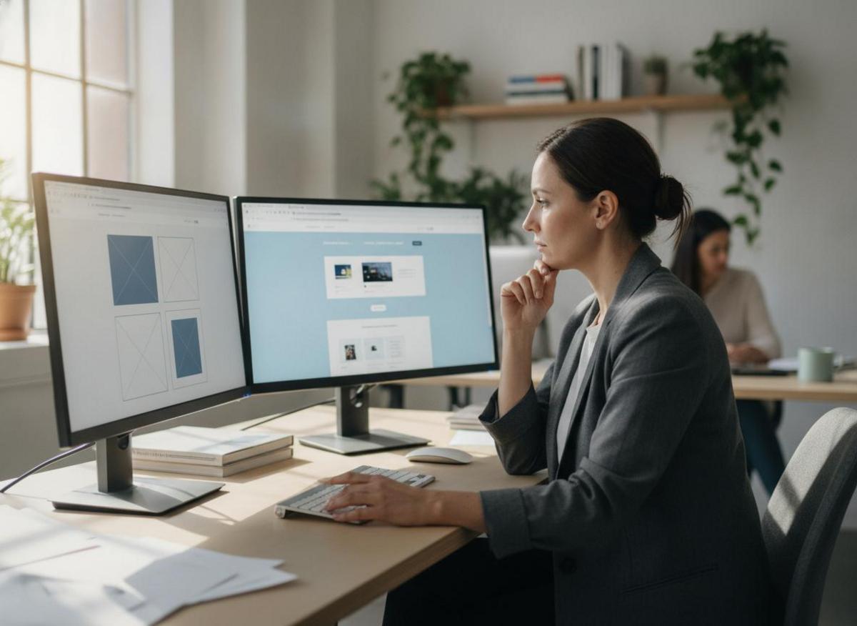 Designer reviewing webpage layout on dual monitors — web design agency for small business studio workspace