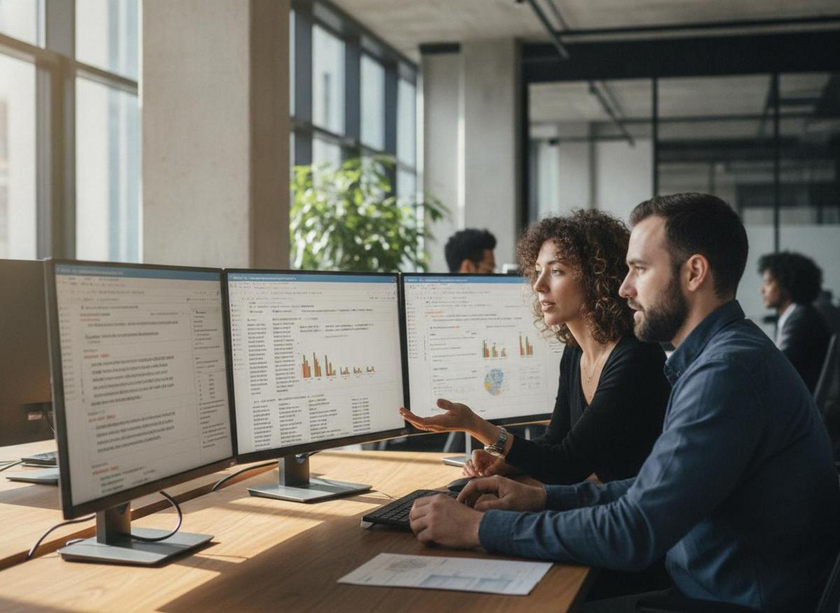 Two analysts reviewing multi-language keyword data on dual monitors to refine an international B2B SEO strategy