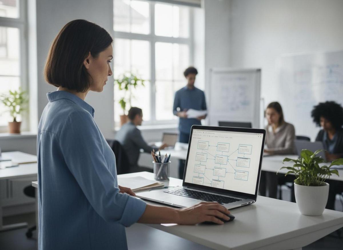 Developer reviewing website architecture diagrams on laptop, planning international B2B SEO strategy in modern office