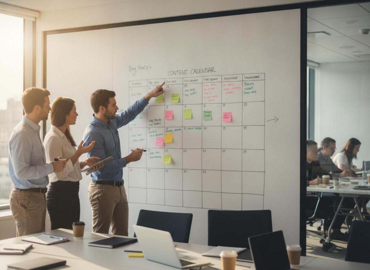 Small B2B team planning LinkedIn company page optimization guide content calendar on whiteboard in sunlit conference room