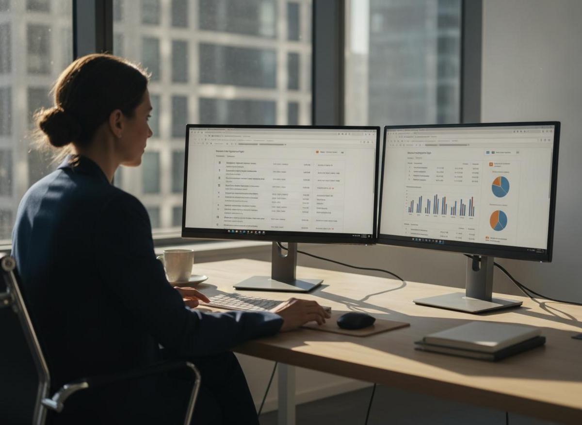 Person reviewing linkedin company page optimization guide on dual monitors at a sunlit office desk