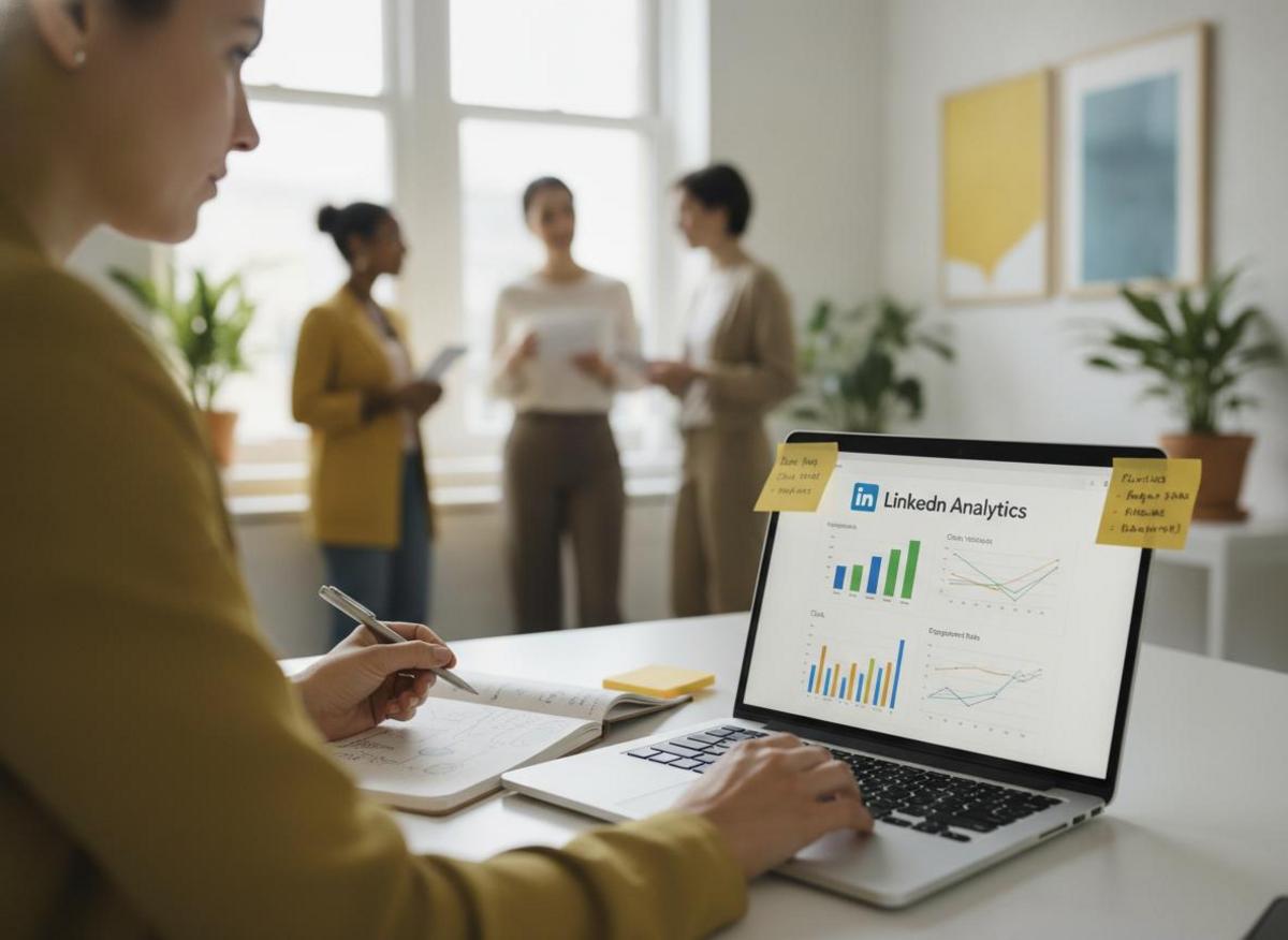 Business analyst reviewing LinkedIn analytics dashboard on laptop for company page optimization guide insights