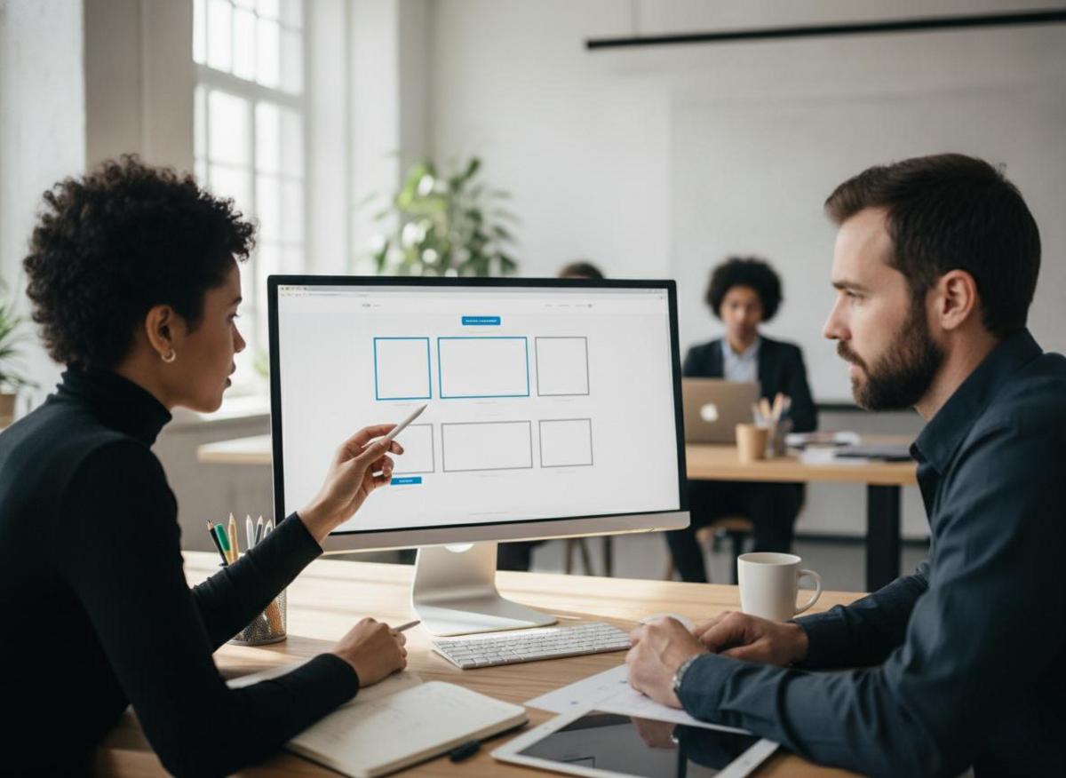 Designer and marketer reviewing a B2B landing page wireframe to optimize google ads for b2b lead generation conversions