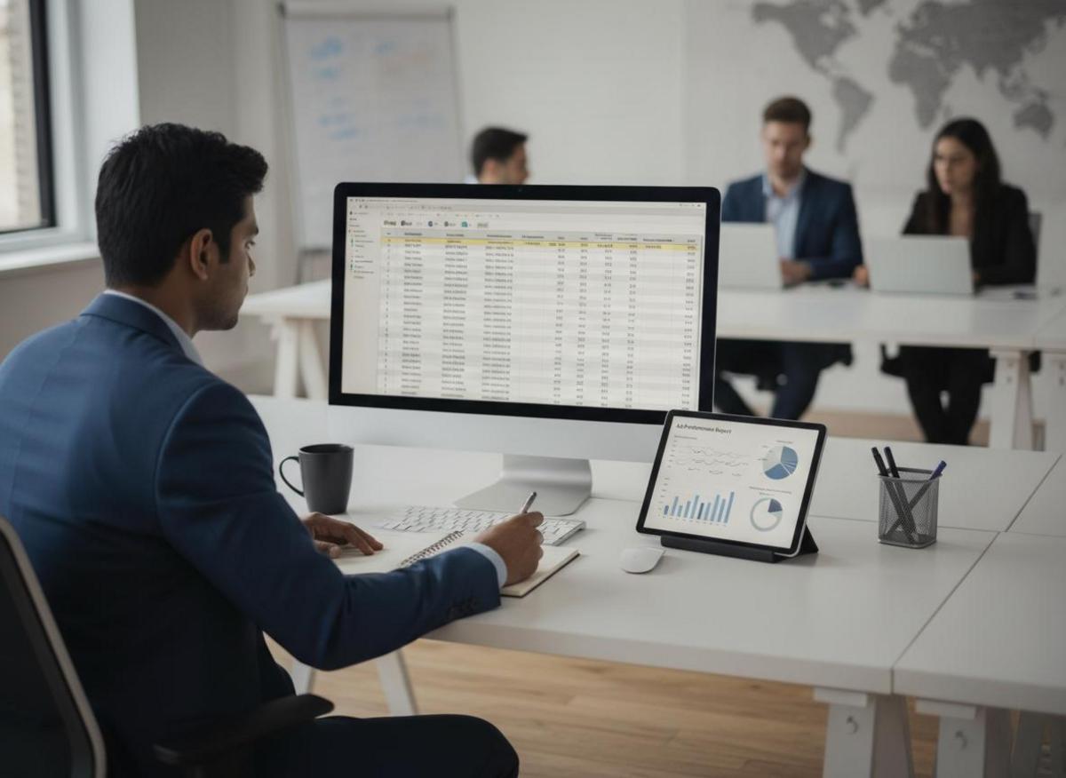 Business professional reviewing Google Ads for B2B lead generation budget and performance reports at desk