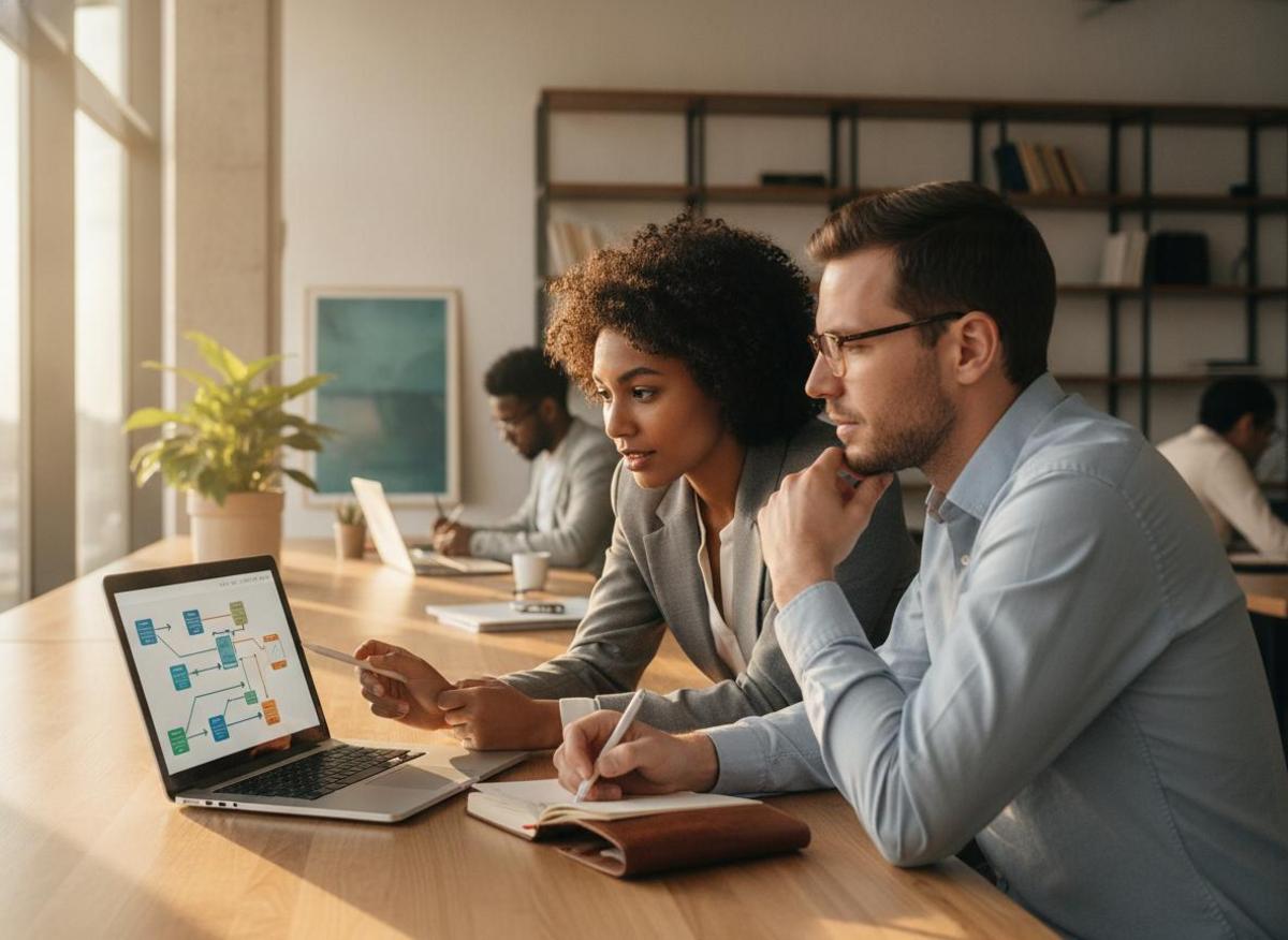 Two colleagues reviewing marketing automation tools small business workflow diagram on laptop in modern office
