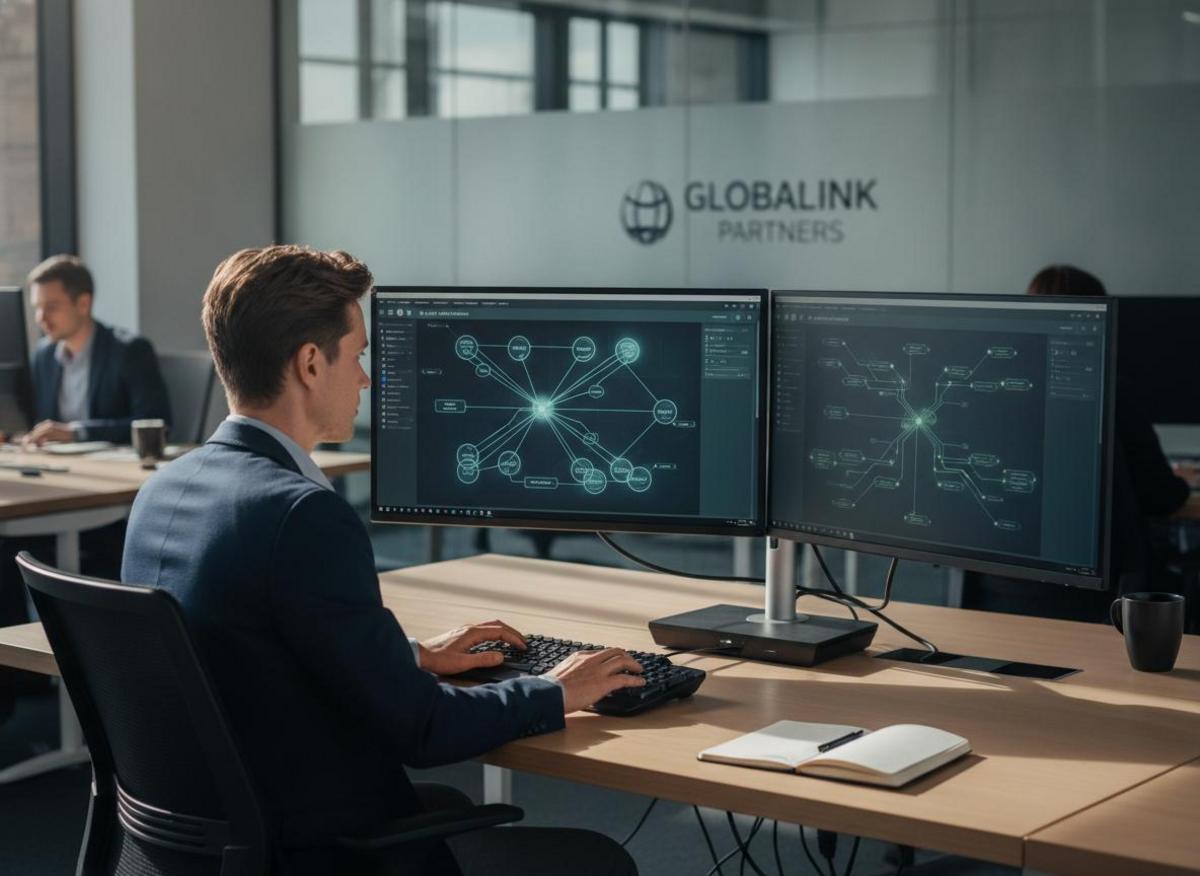Marketing professional using marketing automation tools small business setup, connecting data sources on dual monitors