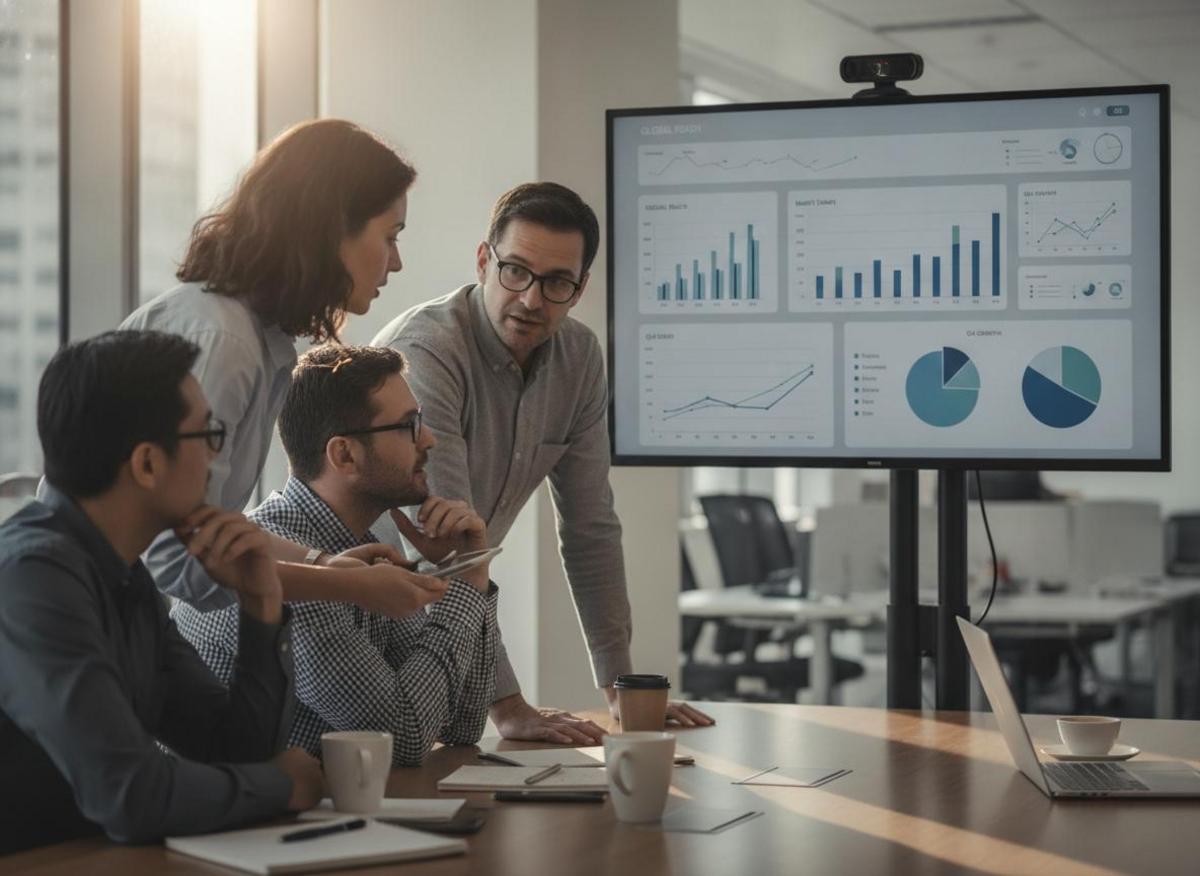 Small business team reviewing analytics dashboard to evaluate marketing automation tools small business reporting features