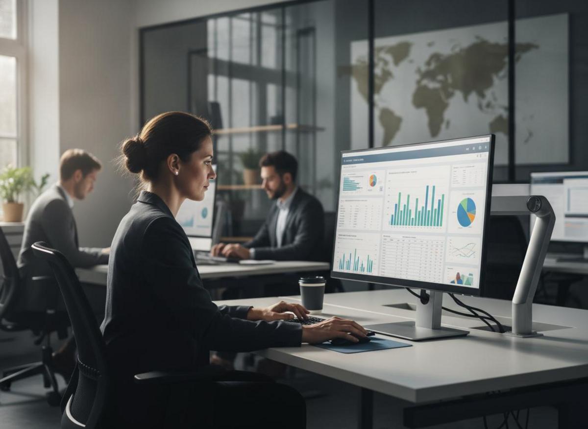 Marketing manager analyzing SEO analytics dashboard — exploring best digital marketing channels for SMEs in modern office
