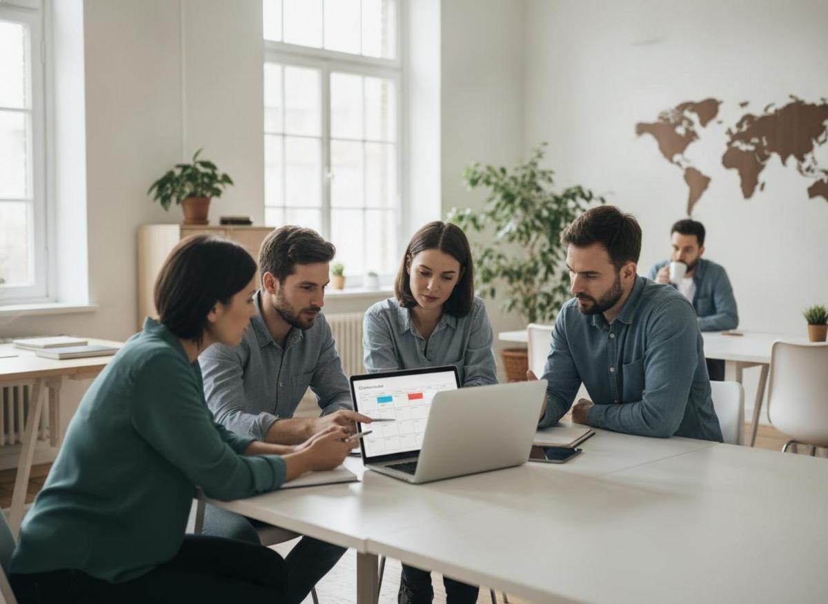 Marketing team reviewing content calendar — applying b2b linkedin content marketing tips in bright modern office