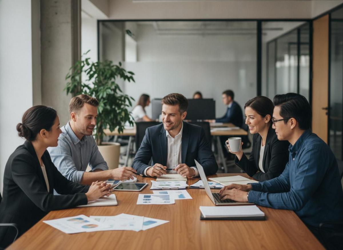 Colleagues collaborating at meeting table applying b2b linkedin content marketing tips to scale employee thought leadership