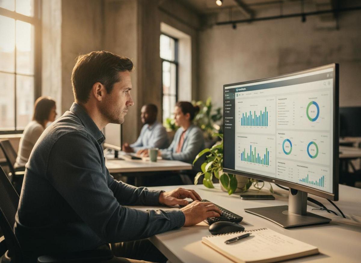 Analyst reviewing LinkedIn analytics dashboard — applying b2b linkedin content marketing tips to measure business impact