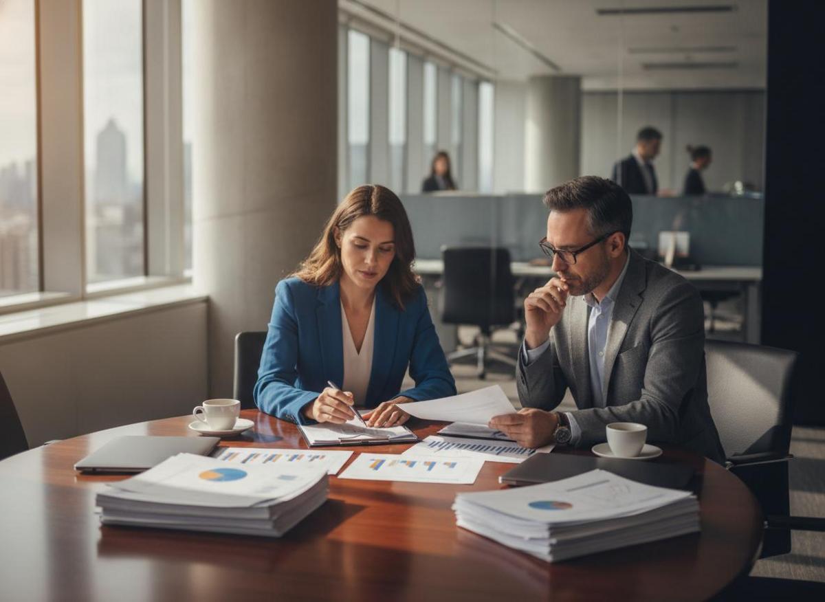 Two B2B colleagues reviewing social media marketing vs LinkedIn Ads cost-per-lead reports at a sunlit conference table